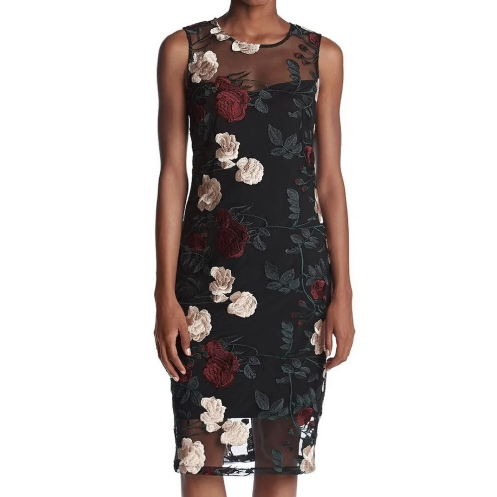 Calvin Klein Black Embroidered Floral Illusion Sheath Dress Size Women's 2